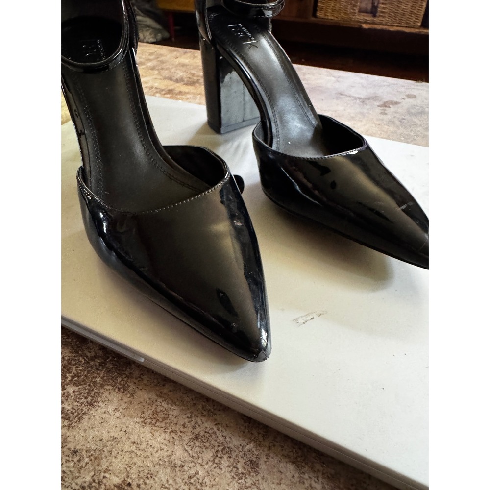 Nordstrom Rack Heels 8 Black Patent Pointed Toe Block Heel Ankle Strap Chic - Picture 2 of 7